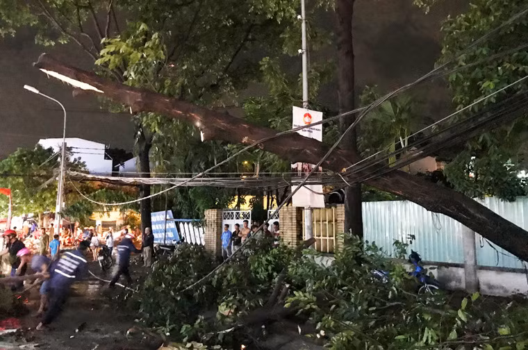 Trước đó khoảng hơn 17h cùng ngày, cả khu vực Đông Nam Bộ và TP.HCM có mưa cực lớn kèm theo dông gió, sấm sét kinh hoàng. Dông gió đã làm hàng loạt cây xanh ngã đổ, nhiều mái tôn, biển quảng cáo...bị gió cuốn bay tứ tung.