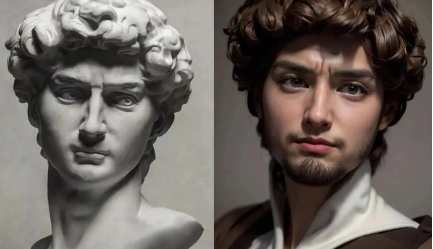 4. Vua David: Căn cứ vào bức tượng tạc Vua David, các chuyên gia đã sử dụng AI và một số kỹ thuật hiện đại để phục dựng chân dung ông hoàng nổi tiếng lịch sử này. Hình ảnh phục dựng bằng AI cho thấy Vua David có dung mạo điển trai, đôi mắt to màu xanh và mũi cao, thẳng.