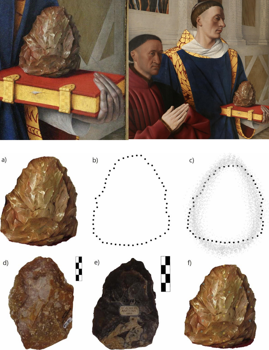 Tuy nhiên, việc xác định xem đó có phải là một chiếc rìu cầm tay hay không là khó khăn. Tác giả đề xuất ba lý thuyết về lý do Fouquet chọn miêu tả nó: phổ biến trong xã hội, đặc quyền của tầng lớp thượng lưu, hoặc mang ý nghĩa tôn giáo/văn hóa cụ thể. .