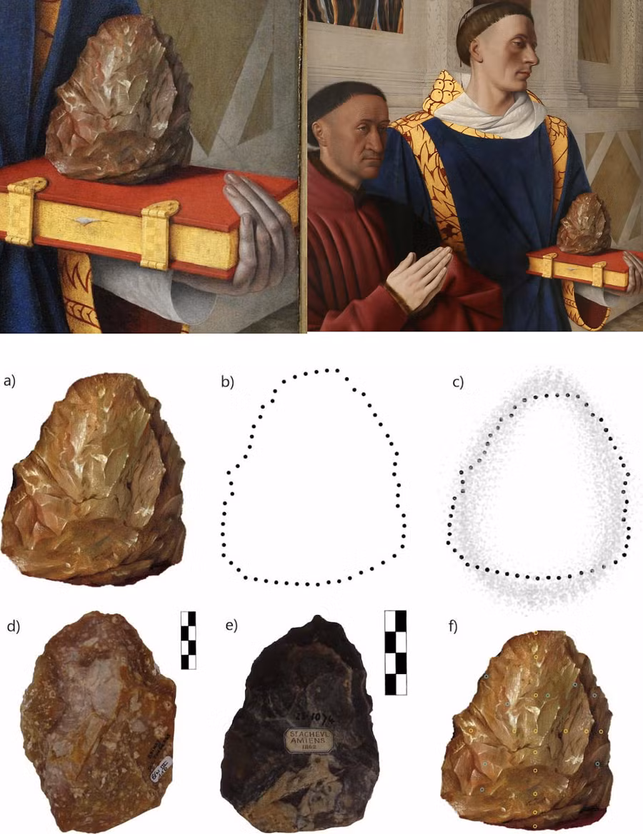 Tuy nhiên, việc xác định xem đó có phải là một chiếc rìu cầm tay hay không là khó khăn. Tác giả đề xuất ba lý thuyết về lý do Fouquet chọn miêu tả nó: phổ biến trong xã hội, đặc quyền của tầng lớp thượng lưu, hoặc mang ý nghĩa tôn giáo/văn hóa cụ thể. .