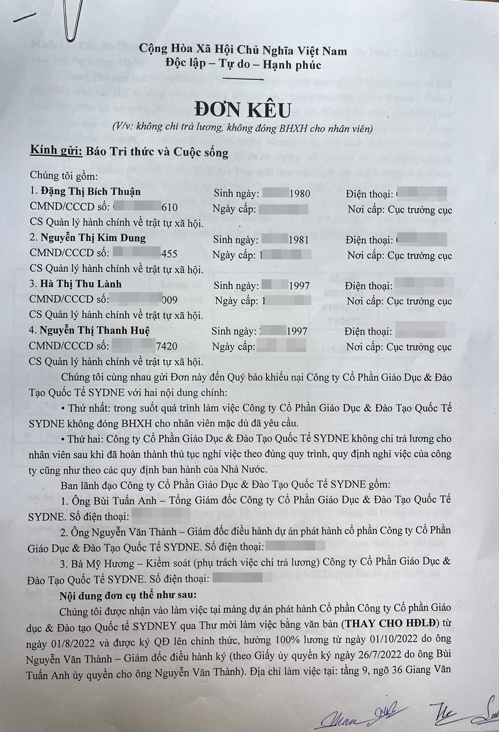 Cong ty GD&DT Quoc te Sydney bi “to” no luong, bao hiem NLD