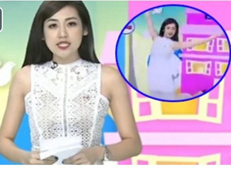 Trong chương trình Vì tầm vóc Việt, sau khi đọc xong bản tin, Á hậu Tú Anh vô tư nhảy chân sáo. Hình ảnh của cô vô tình lọt lên sóng truyền hình. Ảnh: Zing