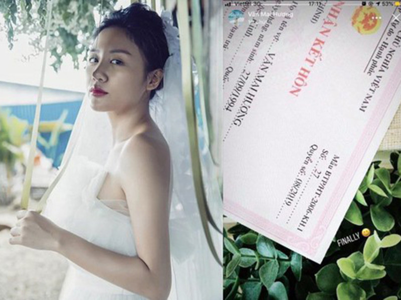 Ngoài Phạm Hương, năm 2019, Văn Mai Hương cũng cho fan ăn vố lừa. Hồi tháng 10, Văn Mai Hương khoe một góc của tờ đăng ký kết hôn ghi tên mình.