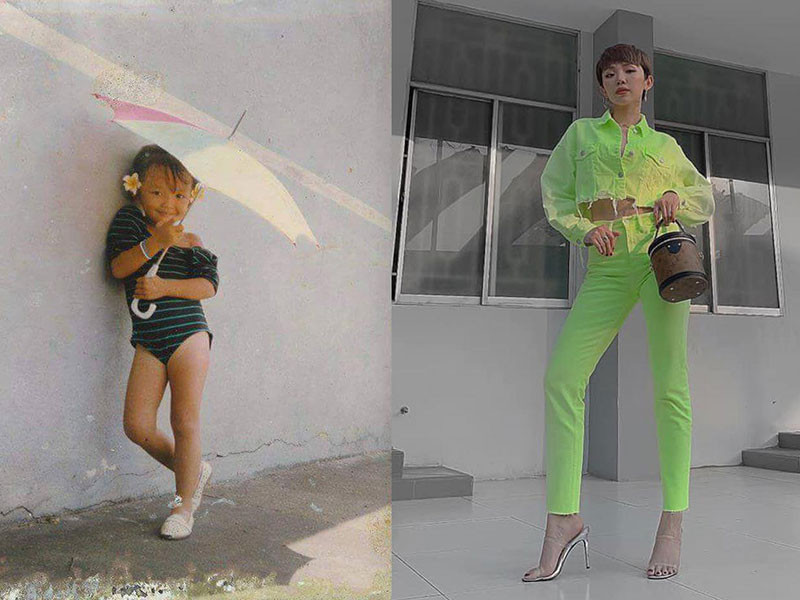 Tóc Tiên không chỉ ăn mặc hợp mốt lúc còn nhỏ mà còn tạo dáng khá chuyên nghiệp. Ảnh: Thời đại plus