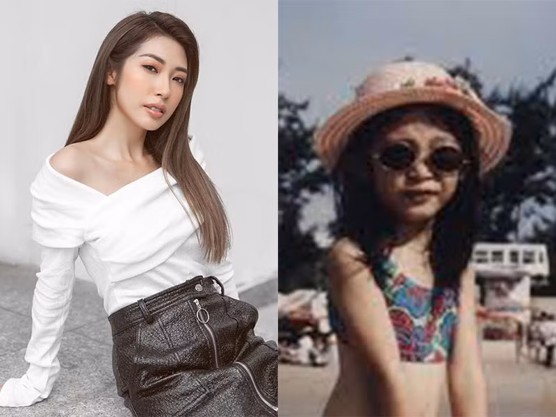 Khổng Tú Quỳnh mặc áo tắm, đeo mắt kính, đội mũ khi đi biển lúc còn nhỏ khiến nhiều khán giả phải khen ngợi về sự sành điệu. Ảnh: FBNV