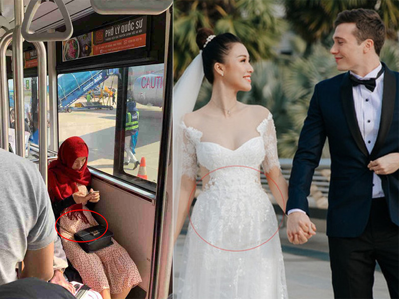 Trong và sau đám cưới, Hoàng Oanh để lộ vòng 2 to bất thường. Ảnh: Khám phá