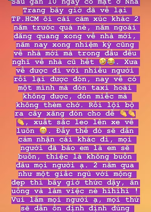 Chia sẻ về cuộc sống hiện tại, H'hen Niê cho biết, trước kia, cô đi về với nhiều người tuy nhiên bây giờ hoạt động một mình nhiều hơn.
