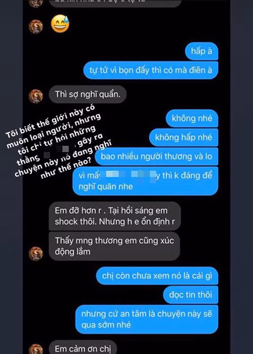 Được sự động viên của đồng nghiệp, fan, Văn Mai Hương dần lấy lại tinh thần. "Em đỡ hơn rồi, tại hồi sáng em sốc, giờ ổn định rồi”, cô viết trong tin nhắn gửi Phạm Quỳnh Anh.