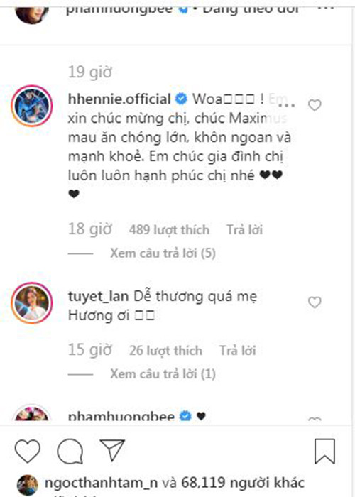 Trước thông tin về con trai của Phạm Hương, nhiều mỹ nhân Việt cũng để lại bình luận chúc mừng.