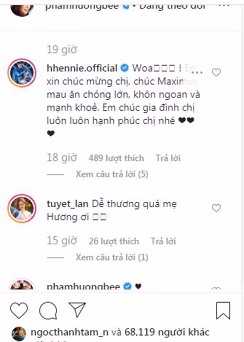 Trước thông tin về con trai của Phạm Hương, nhiều mỹ nhân Việt cũng để lại bình luận chúc mừng.