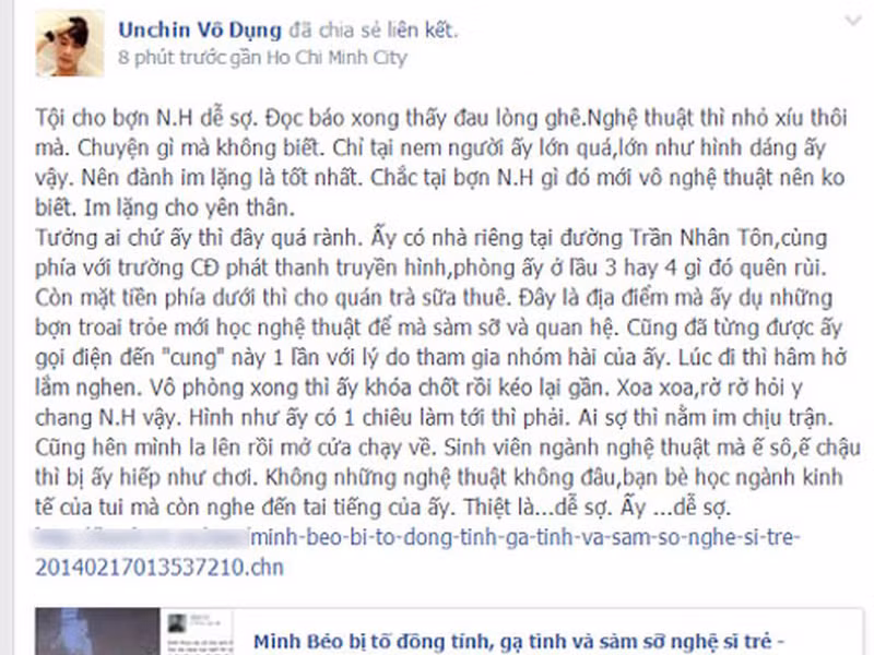 Sau N.H, ca sĩ Đ - cựu thành viên nhóm WeBoys, đạo diễn, biên kịch Unchin Vô dụng và Á quân Mr Cộng đồng 2013 - Hoàng Phi Kha cũng lên tiếng tố cáo hành vi quấy rối tình dục của Minh Béo.
