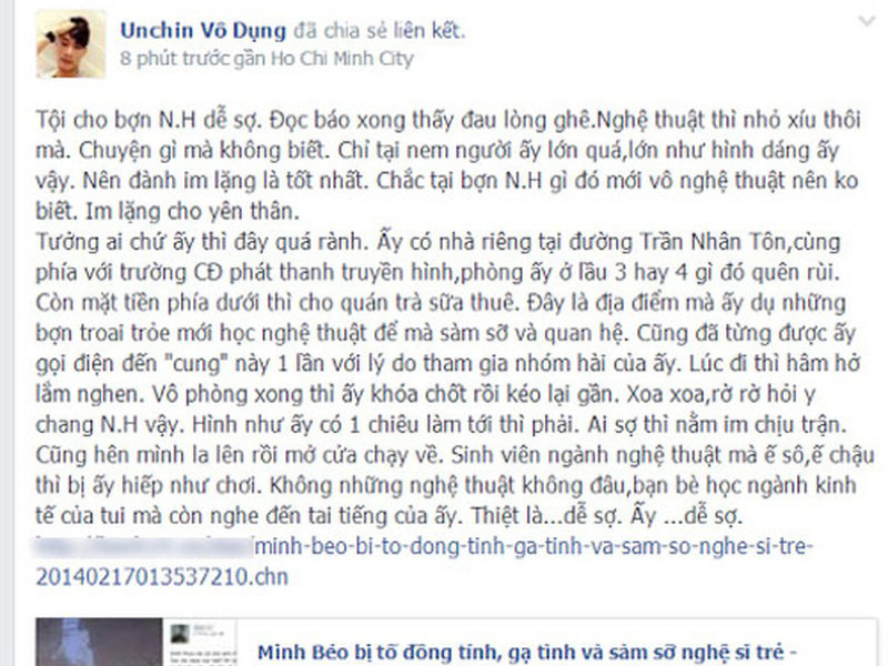 Sau N.H, ca sĩ Đ - cựu thành viên nhóm WeBoys, đạo diễn, biên kịch Unchin Vô dụng và Á quân Mr Cộng đồng 2013 - Hoàng Phi Kha cũng lên tiếng tố cáo hành vi quấy rối tình dục của Minh Béo.