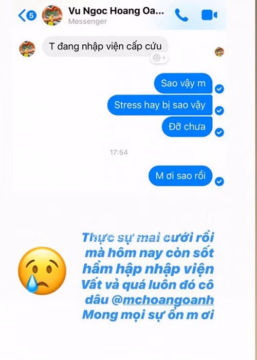 1 ngày trước lễ rước dâu, Hoàng Oanh bất ngờ nhập viện vì sốt siêu vi. Sau đó, tình trạng sức khoẻ của nữ MC đã ổn hơn và cô đã về nhà nghỉ ngơi.