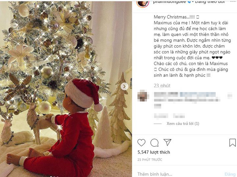 Người đẹp gốc Hải Phòng chia sẻ về hành trình làm mẹ: "Maximus của mẹ! Một năm tuy không dài nhưng cũng đủ để mẹ học cách làm mẹ, làm quen với một thiên thần nhỏ bé mong manh. Được ngắm nhìn từng giây phút con khôn lớn, được chăm sóc con là những giây phút ngọt ngào nhất trong cuộc đời của mẹ. Chào các cô chú, con tên là Maximus. Chúc cô chú và gia đình mùa Giáng sinh an lành và hạnh phúc".