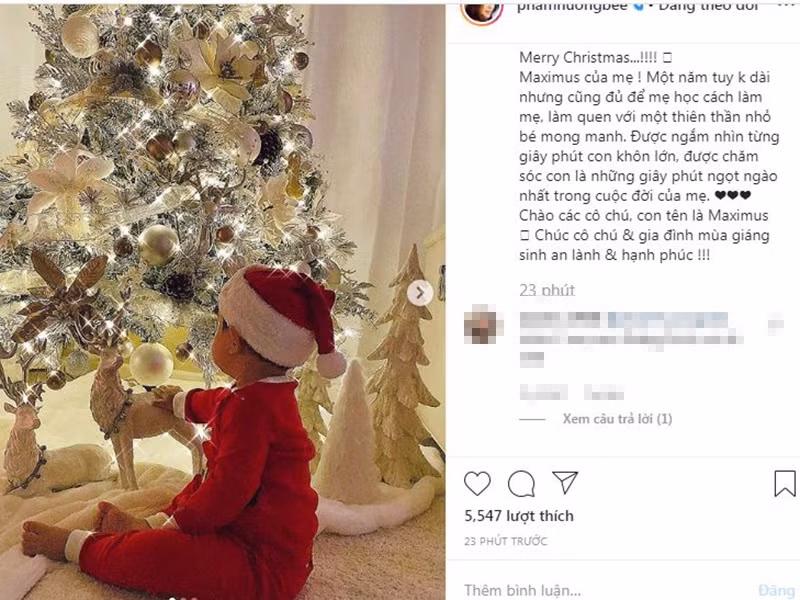 Người đẹp gốc Hải Phòng chia sẻ về hành trình làm mẹ: "Maximus của mẹ! Một năm tuy không dài nhưng cũng đủ để mẹ học cách làm mẹ, làm quen với một thiên thần nhỏ bé mong manh. Được ngắm nhìn từng giây phút con khôn lớn, được chăm sóc con là những giây phút ngọt ngào nhất trong cuộc đời của mẹ. Chào các cô chú, con tên là Maximus. Chúc cô chú và gia đình mùa Giáng sinh an lành và hạnh phúc".