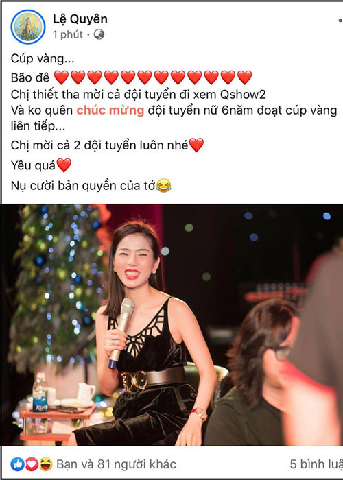 Lệ Quyên mời đội tuyển nam và nữ Việt Nam dự liveshow sau chiến thắng tại SEA Games.