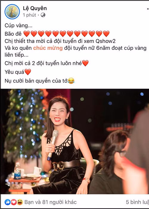 Lệ Quyên mời đội tuyển nam và nữ Việt Nam dự liveshow sau chiến thắng tại SEA Games.