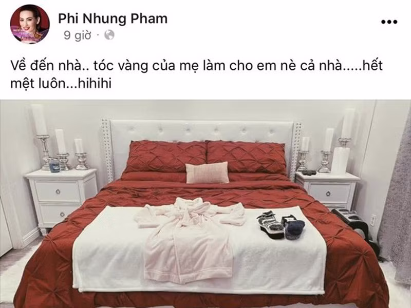 Wendy còn từng tự tay chuẩn bị giường cho mẹ ngủ. "Về đến nhà, tóc vàng của mẹ làm cho em nè cả nhà. Hết mệt luôn", Phi Nhung bày tỏ. Theo lời Phi Nhung, cô còn được con gái nấu ăn cho những món ngon.