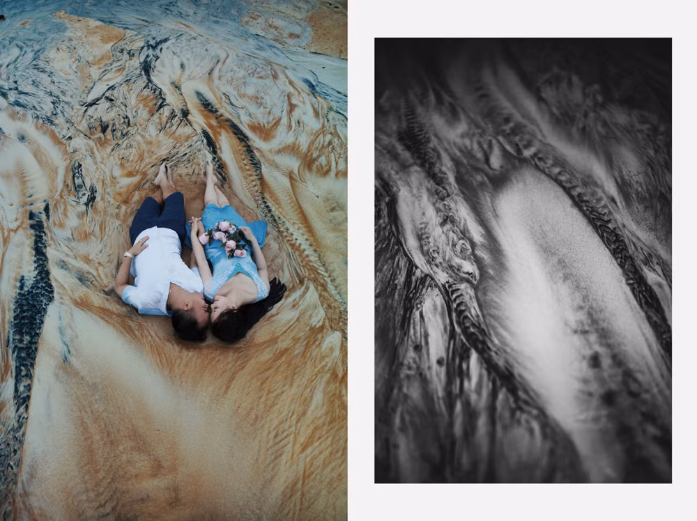 Nhờ vậy nhiếp ảnh gia Hải Lê Cao đã dựa vào đó, mặc sức sáng tạo ra những góc máy đẹp mắt, kết hợp với cách diễn của cô dâu chú rể tạo ra những shot hình đầy cảm xúc và mang đậm tính nghệ thuật.