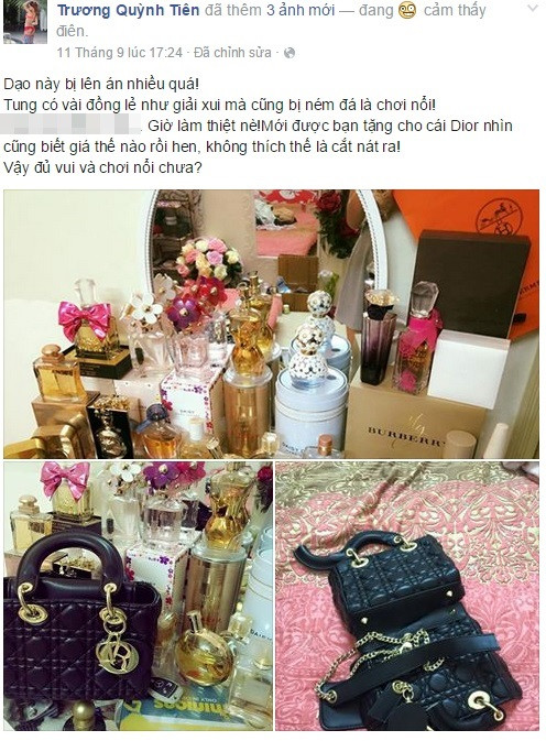 Sau chiêu trò ném tiền gây sốc trên đường phố Sài Gòn, hôm qua, Quỳnh Tiên lại tiếp tục cho thấy độ "ngông" của mình. Trên trang cá nhân, chân dài 9X ném tiền giữa phố vừa khoe được bạn tặng một chiếc túi xách Dior. Dù là túi hàng hiệu, đắt tiền nhưng Quỳnh Tiên cho biết cô không thích và đã quyết định cắt, phá nó.