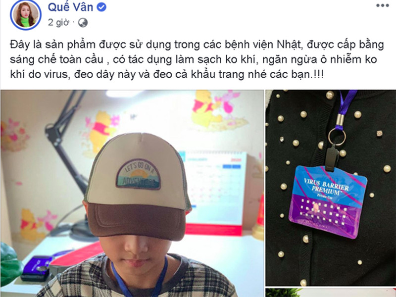 Quế Vân cho con trai sử dụng sản phẩm làm sạch không khí đến từ Nhật Bản đồng thời đeo khẩu trang.