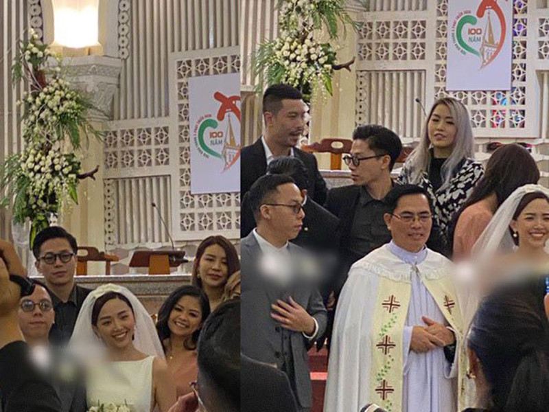 Tại nhà thờ, Tóc Tiên mặc chiếc váy cưới có phần cổ khá kín đáo, phần tay áo khoét sâu, chiết eo giúp khoe vẻ gợi cảm. Ảnh: Hóng hớt showbiz