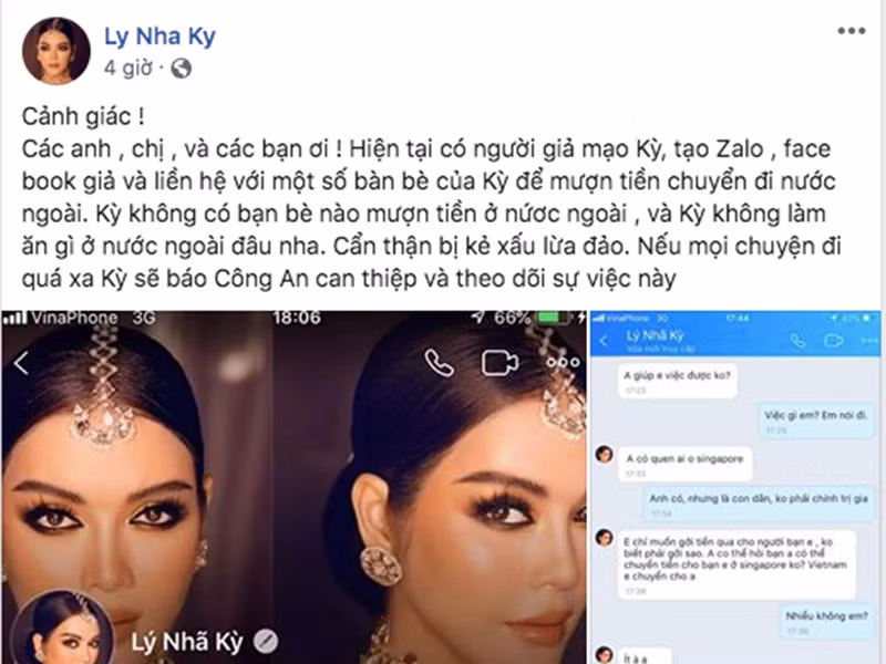 Tháng 8/2019, Lý Nhã Kỳ tá hỏa phát hiện người tạo Zalo, Facebook giả và liên hệ với một số bạn bè của cô để mượn tiền chuyển đi nước ngoài. Khi biết mình bị mạo danh, Lý Nhã Kỳ ngay lập tức lên tiếng cảnh báo.
