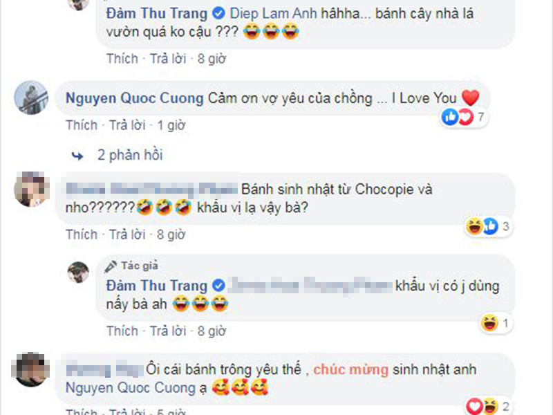 Bạn bè, đồng nghiệp phát ghen trước hành động lãng mạn Đàm Thu Trang dành cho Cường Đô la. Ngoài ra, nhiều người chú ý đến chiếc bánh sinh nhật tự chế của nữ ca sĩ.