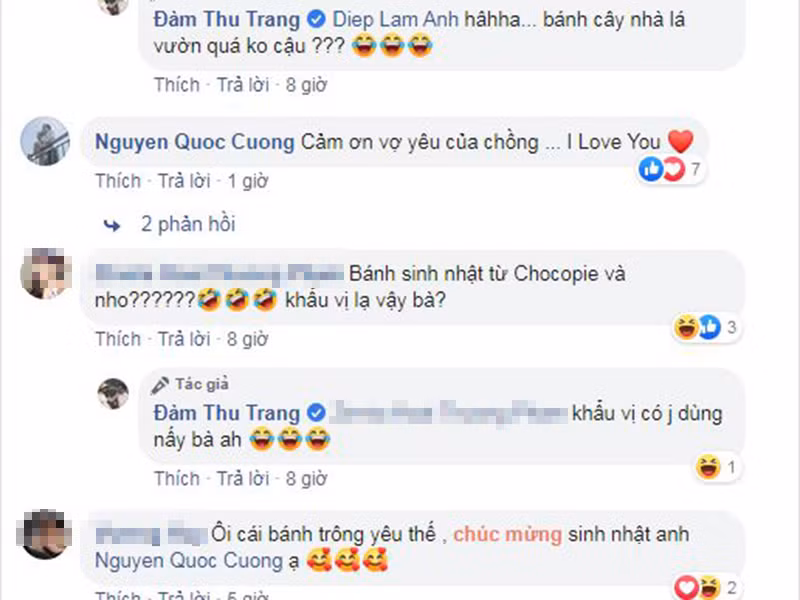 Bạn bè, đồng nghiệp phát ghen trước hành động lãng mạn Đàm Thu Trang dành cho Cường Đô la. Ngoài ra, nhiều người chú ý đến chiếc bánh sinh nhật tự chế của nữ ca sĩ.