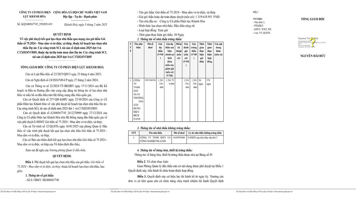 Cty Bich Hanh trung goi mua sam hon 1,2 ty cua Dien luc Khanh Hoa