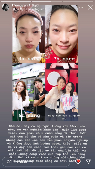 Kể rõ hơn về tình trạng đêm đó, Khánh Vy cho biết mình đã vừa khóc vừa nôn, tệ đến mức mẹ phải ở bên cạnh trông.