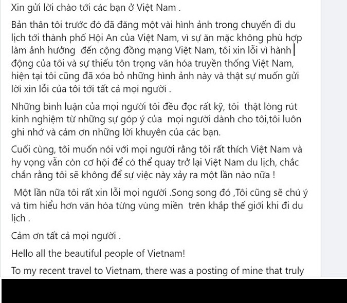 Cuối bài đăng, cô gái không quên thể hiện tình cảm với Việt Nam, hy vọng vẫn còn cơ hội để có thể quay trở lại Việt Nam du lịch.