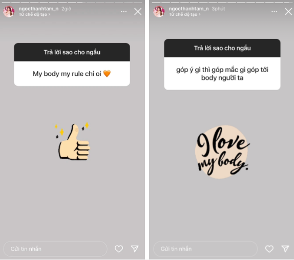 Với câu hỏi của Ngọc Thanh Tâm, phần lớn ý kiến của netizen cho rằng cô nên trả lời là "My body my rule" hoặc "My body my choice" (Tạm dịch: Cơ thể của tôi, lựa chọn của tôi).