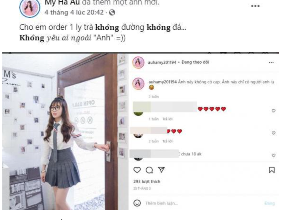 Một số dòng status "thả thính" được Âu Hà My đăng tải phải kể đến như "Cho em order 1 ly trà không đường không đá... Không yêu ai ngoài anh", "Ảnh này không có cap. Ảnh này chỉ có người anh yêu",...ngay lập tức gây chú ý sau khi đăng tải.