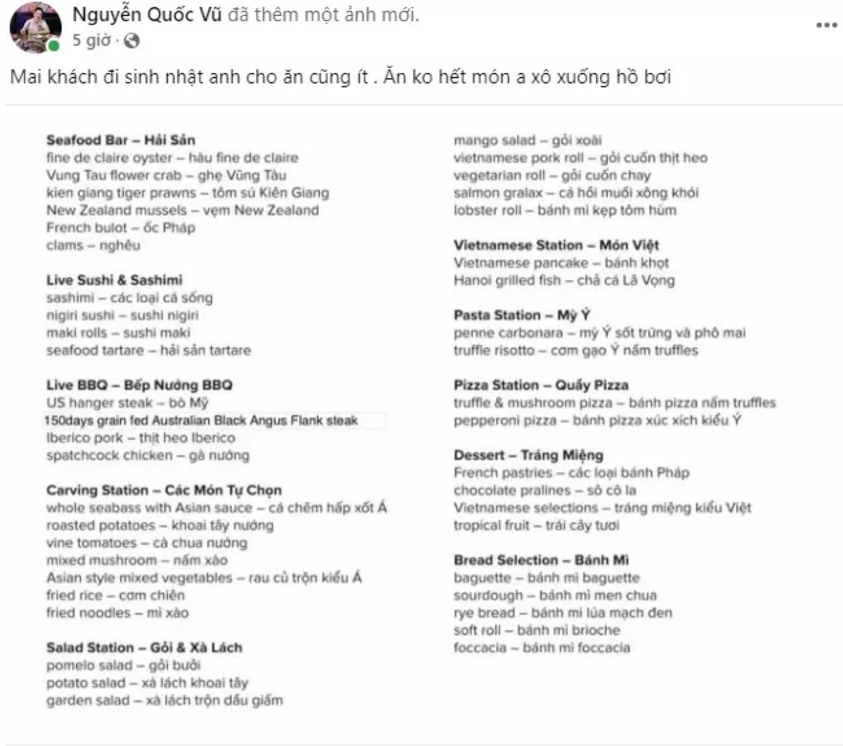 Mới đây, ông xã của nữ đại gia này gây bất ngờ khi khoe thực đơn trong tiệc sinh nhật của mình. Không hổ danh là cặp vợ chồng chịu chi nhất Vbiz, thực đơn tiệc sinh nhật khiến người ta không khỏi choáng ngợp.