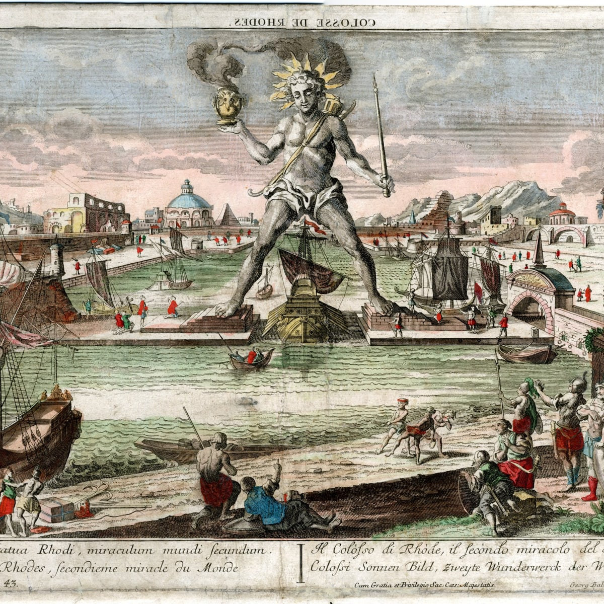 Những mảnh vỡ của bức tượng rơi xuống biển. Về sau, một vị tướng người Hồi giáo có tên Muawiyah đã sai người trục vớt, đem các mảnh của bức tượng về Syria. Điều này được thực hiện khi Muawiyah dẫn quân chinh phục đảo Rhodes năm 654.