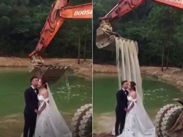 Muon chup anh cuoi ben thac nuoc, cap doi nghi ra y tuong la