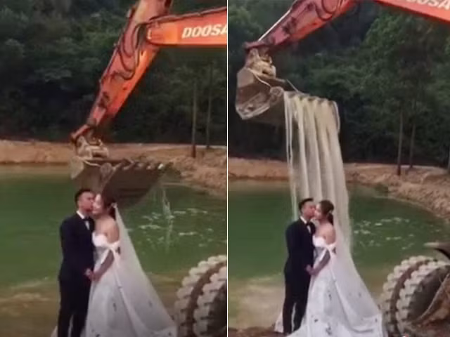 Muon chup anh cuoi ben thac nuoc, cap doi nghi ra y tuong la