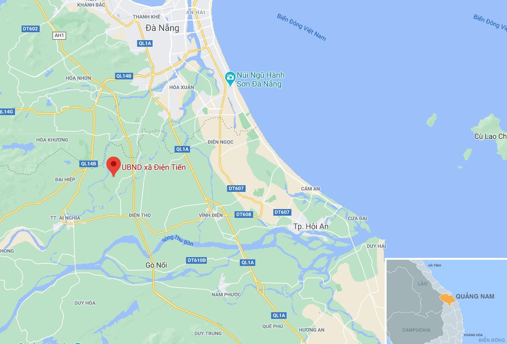Khu vực khai thác đất trái phép của UBND xã Điện Tiến, thị xã Điện Bàn, Quảng Nam chỉ nằm cách trụ sở làm việc khoảng 1 km. Ảnh: Google Maps.