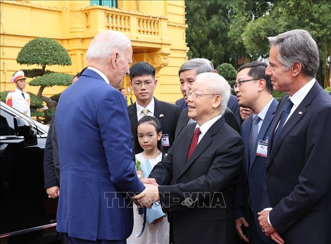 Tổng Bí thư Nguyễn Phú Trọng chủ trì lễ đón, hội đàm với Tổng thống Hoa Kỳ Joe Biden. Ảnh: TTXVN.