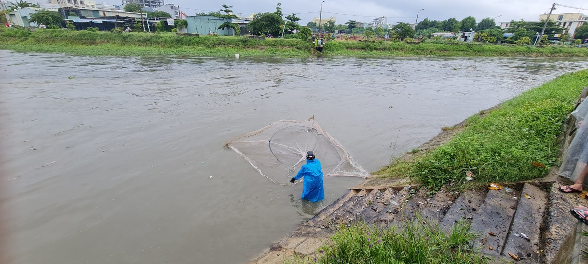 Đủ các loại lưới được huy động để bắt cá khi nước lên.