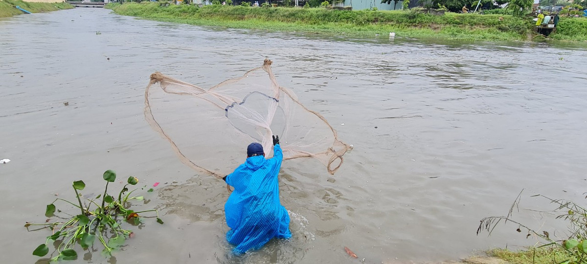 Người quăng lưới ra giữa con kênh Phú Lộc đầy nước.