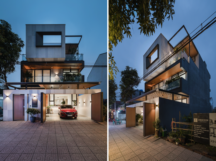 Dự án thiết kế nhà của gia chủ có một số đặc điểm nổi bật và khác biệt so với những công trình truyền thống. Với hình khối hiện đại, tối giản, sang trọng và phối vật liệu xuyệt với nhau một cách khéo léo, công trình nổi bật trên tuyến phố. Tầng 3 nhô ra 2m6 về phía trước, có cùng tông màu với cổng tường tầng 1.