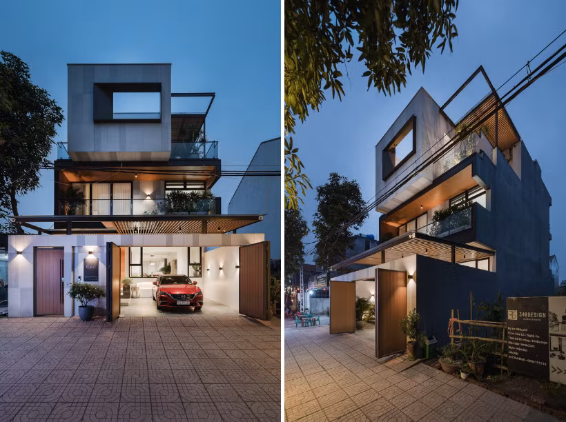 Dự án thiết kế nhà của gia chủ có một số đặc điểm nổi bật và khác biệt so với những công trình truyền thống. Với hình khối hiện đại, tối giản, sang trọng và phối vật liệu xuyệt với nhau một cách khéo léo, công trình nổi bật trên tuyến phố. Tầng 3 nhô ra 2m6 về phía trước, có cùng tông màu với cổng tường tầng 1.