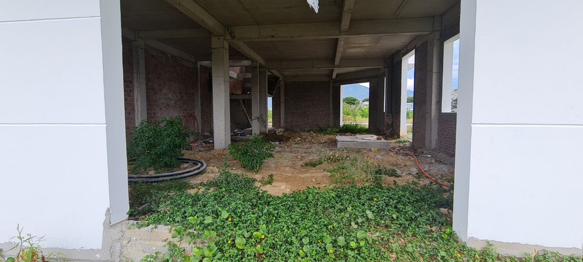 Cỏ dại ngập lối, len lỏi từ ngoài vào tận bên trong các căn biệt thự còn chưa được lát nền.