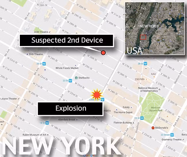 Vụ nổ lớn ở New York xảy ra trên Đường 23 và Đại lộ 6 thuộc khu Chelsea, quận Manhattan, vào khoảng 8h30 tối ngày 17/9 (giờ địa phương). Ảnh: Vị trí xảy ra vụ nổ trên bản đồ.