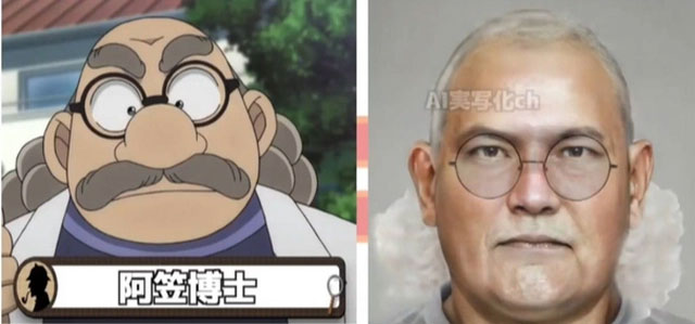 Tiến sĩ Agasa, nhà khoa học lập dị, được AI khắc họa với mái tóc rối, kính dày và nụ cười hiền hậu, phản ánh sự thông minh và lòng tốt của ông đối với Conan và các bạn nhỏ.