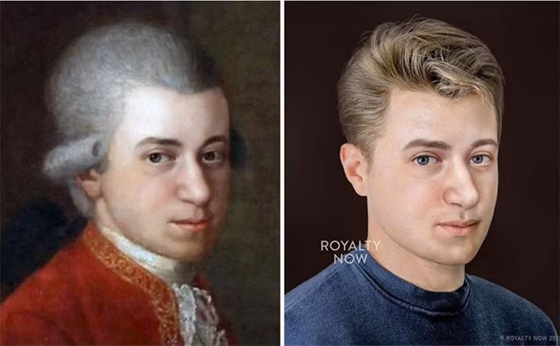 AI đã tạo ra một hình ảnh Mozart hiện đại với mái tóc ngắn, làm nổi bật sự điển trai và trí tuệ của ông trong thế kỷ 21. (Ảnh: Royalty Now Studios)