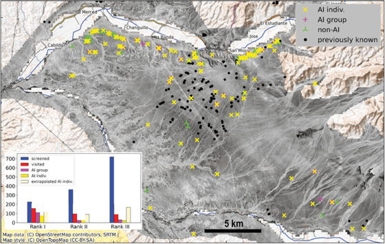 Nhờ khả năng phân tích từng ô nhỏ trong ảnh địa hình, AI đã phát hiện thêm 303 hình vẽ mới mà khảo sát truyền thống dễ bỏ sót.(Ảnh: gigazine)
