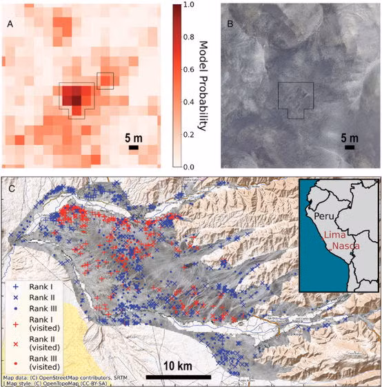 AI do Đại học Yamagata (Nhật Bản) và IBM phát triển đã được huấn luyện từ ảnh các hình vẽ cũ, rồi quét toàn bộ cao nguyên Nazca rộng hơn 190 dặm vuông.(Ảnh: gigazine)